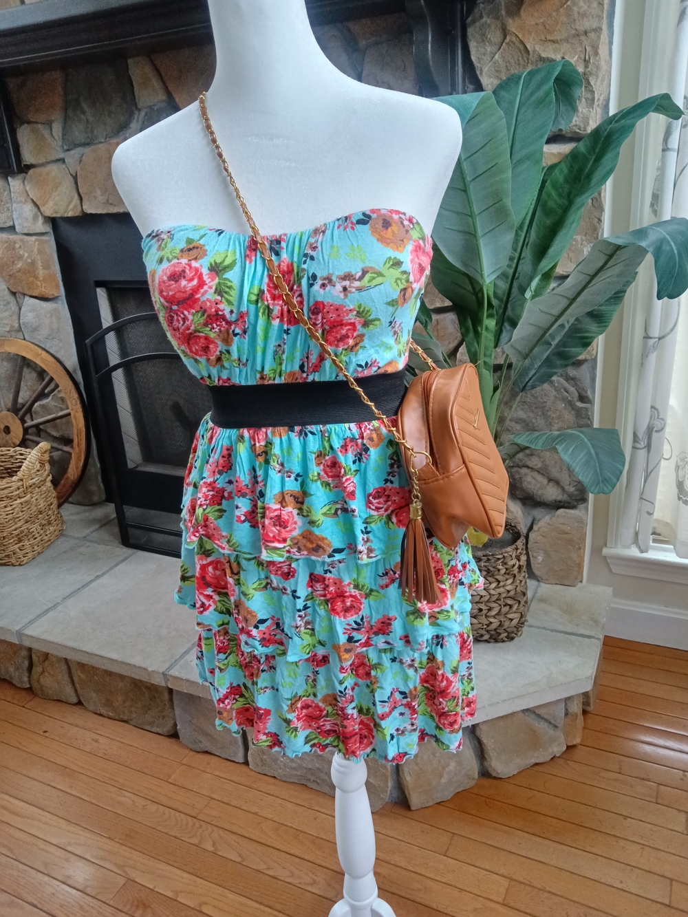 rue21 Aqua Floral Smocked Top with Coral and Green Print